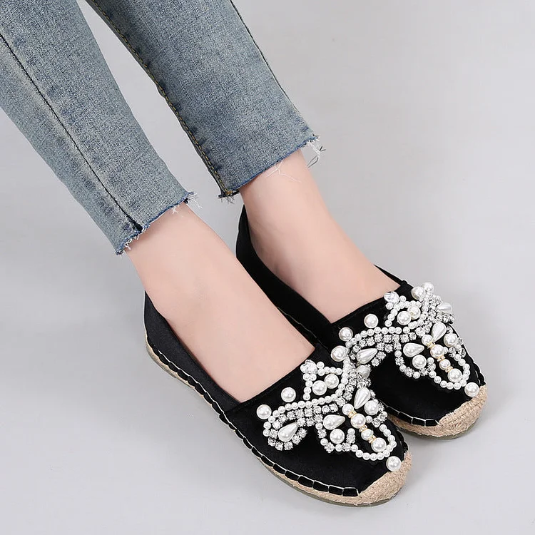 Pearl Beading Espadrilles Shoes Woman Straw Flats Crystal Flower Loafers Women Fisherman Creepers Moccasins  Stunahome.com