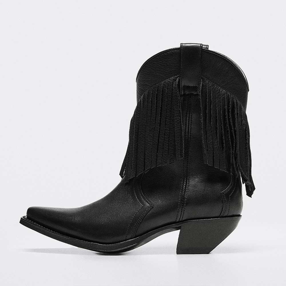 Classic Black Snip Toe Chunky Heel Western Ankle Boots with Fringe