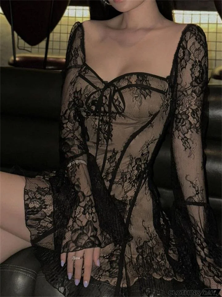 Flared Sleeve Ruffle Sexy Lace Dress for Ladies