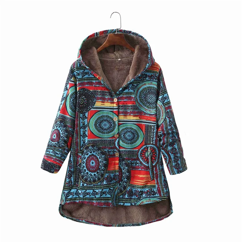 Winter Women Coat Vintage Floral Printed Plus Size Long Jackets Outwear Autumn Casual Plus Fleece Thick Warm Female Hooded Coat