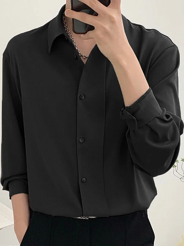 Aonga - Mens Solid Lapel Long Sleeve Shirt J