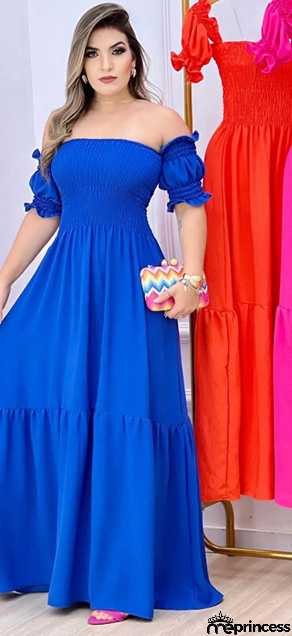 Women's Spring Summer Off Shoulder Print Pleated Swing Dress Short Sleeve Maxi Dress