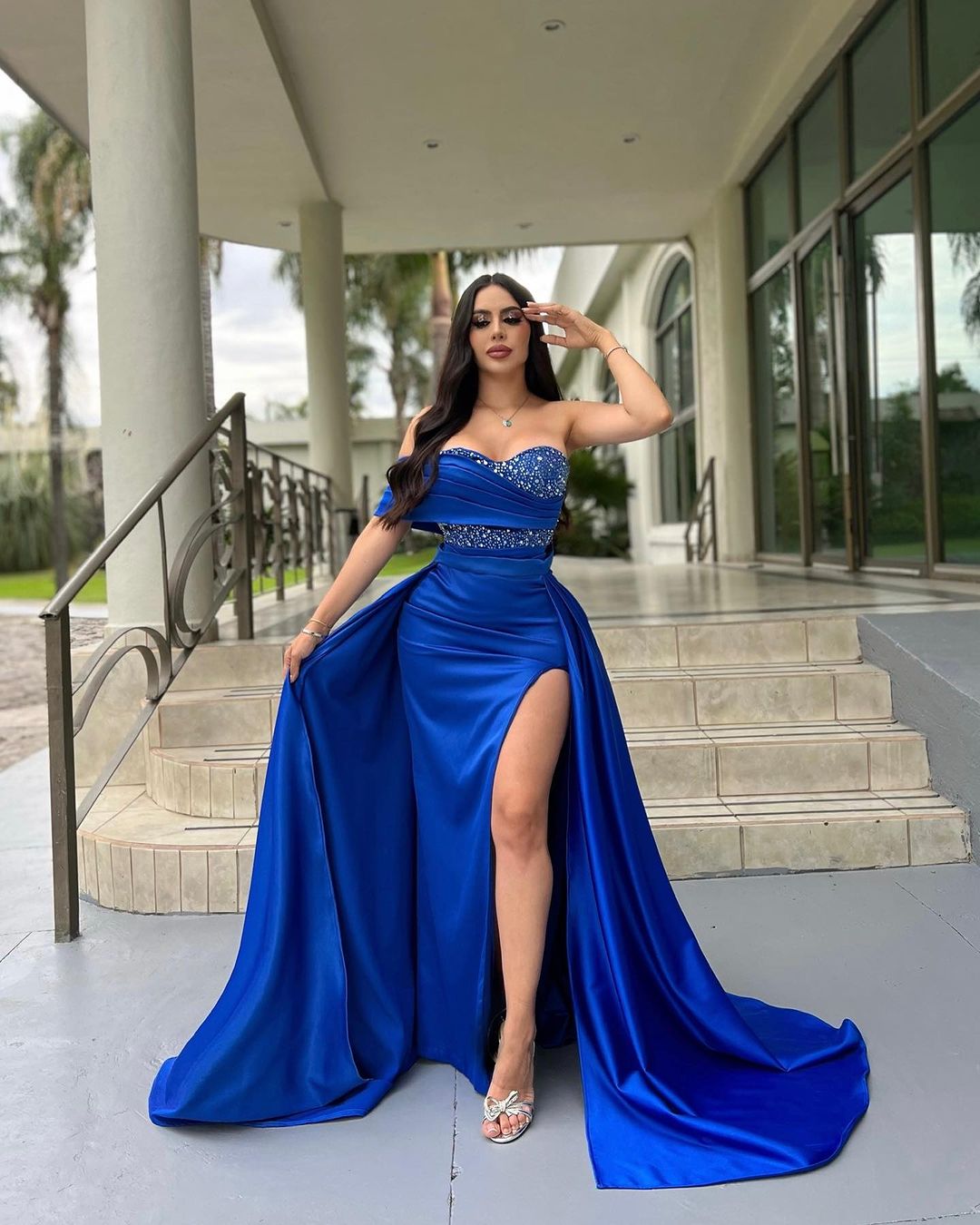Lvs&Broner Shining Royal Blue One Shoulder Sleeveless Long Split Prom Dress With Beading