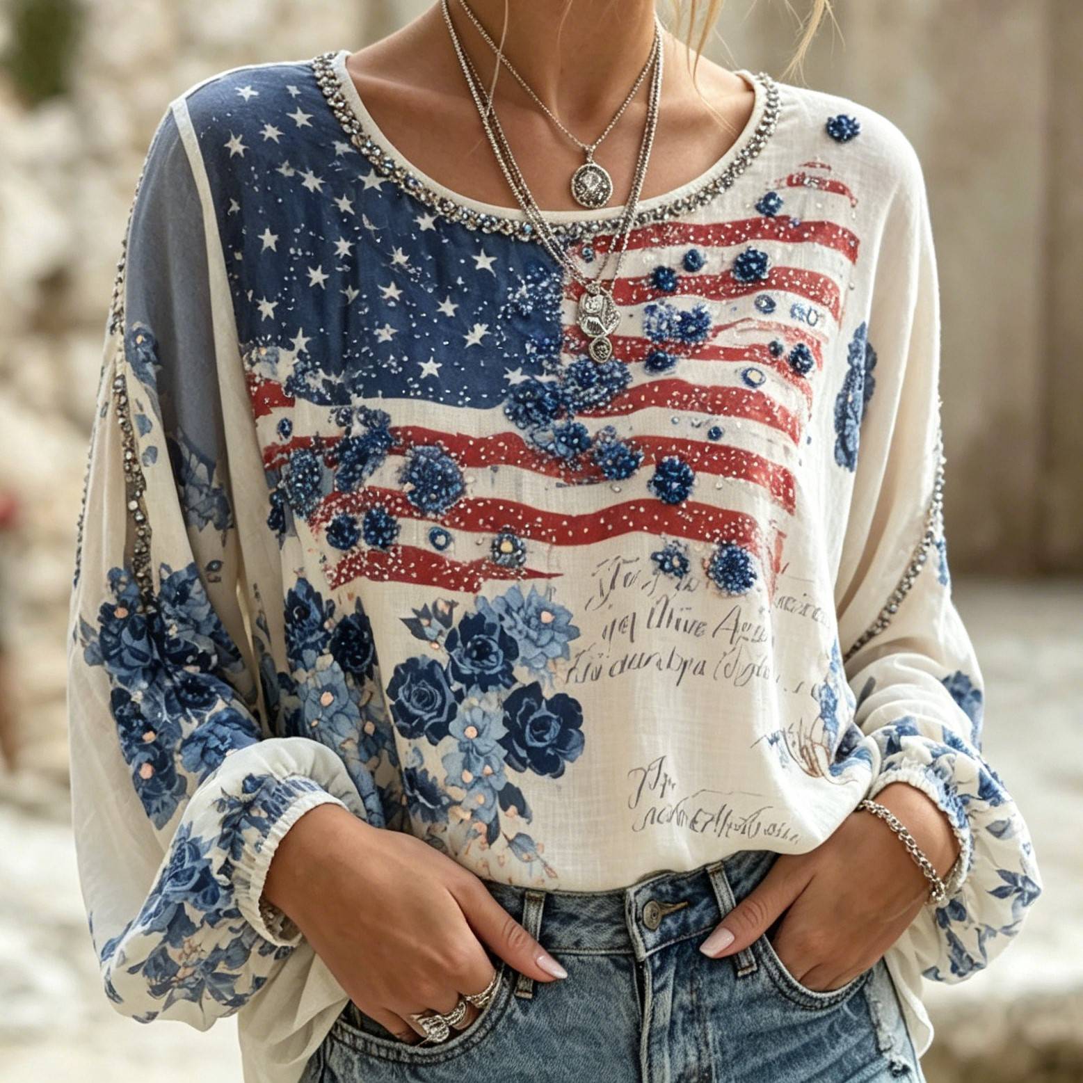  Women's Retro American Flag Floral Print Comfortable Cotton Linen Long-sleeved Top Westsshops