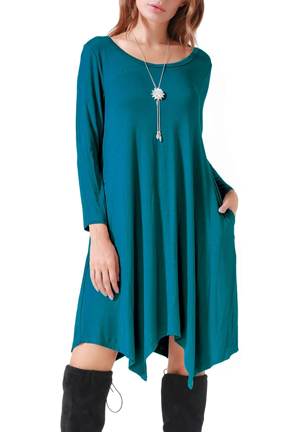 Women Casual Loose Soft Crewneck Pockets Stretchy Swing T-Shirt Dress