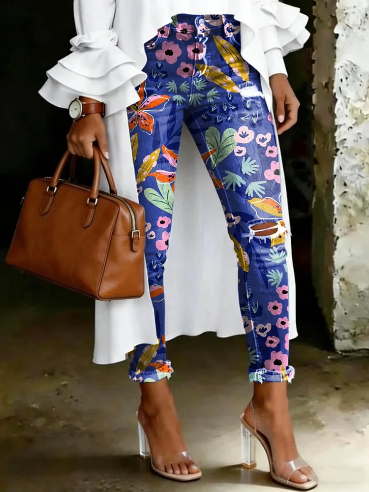 Women's Vintage Multicolor Floral Totem Print Casual High-waisted Ripped Skinny Jeans