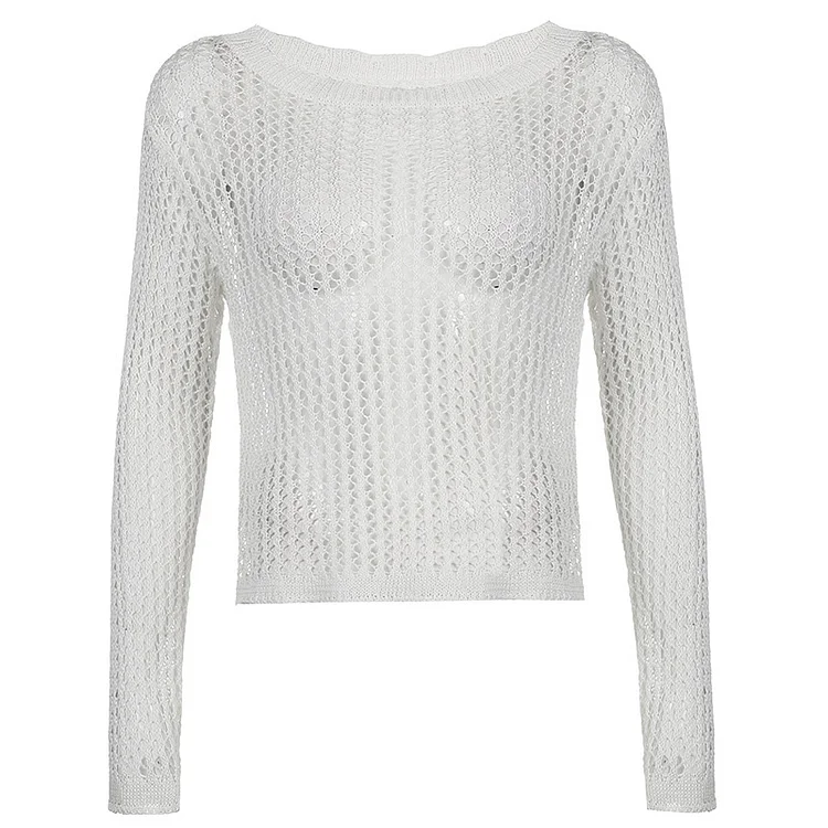Pure Color Hollow Out Casual Crochet Top - Modakawa Modakawa