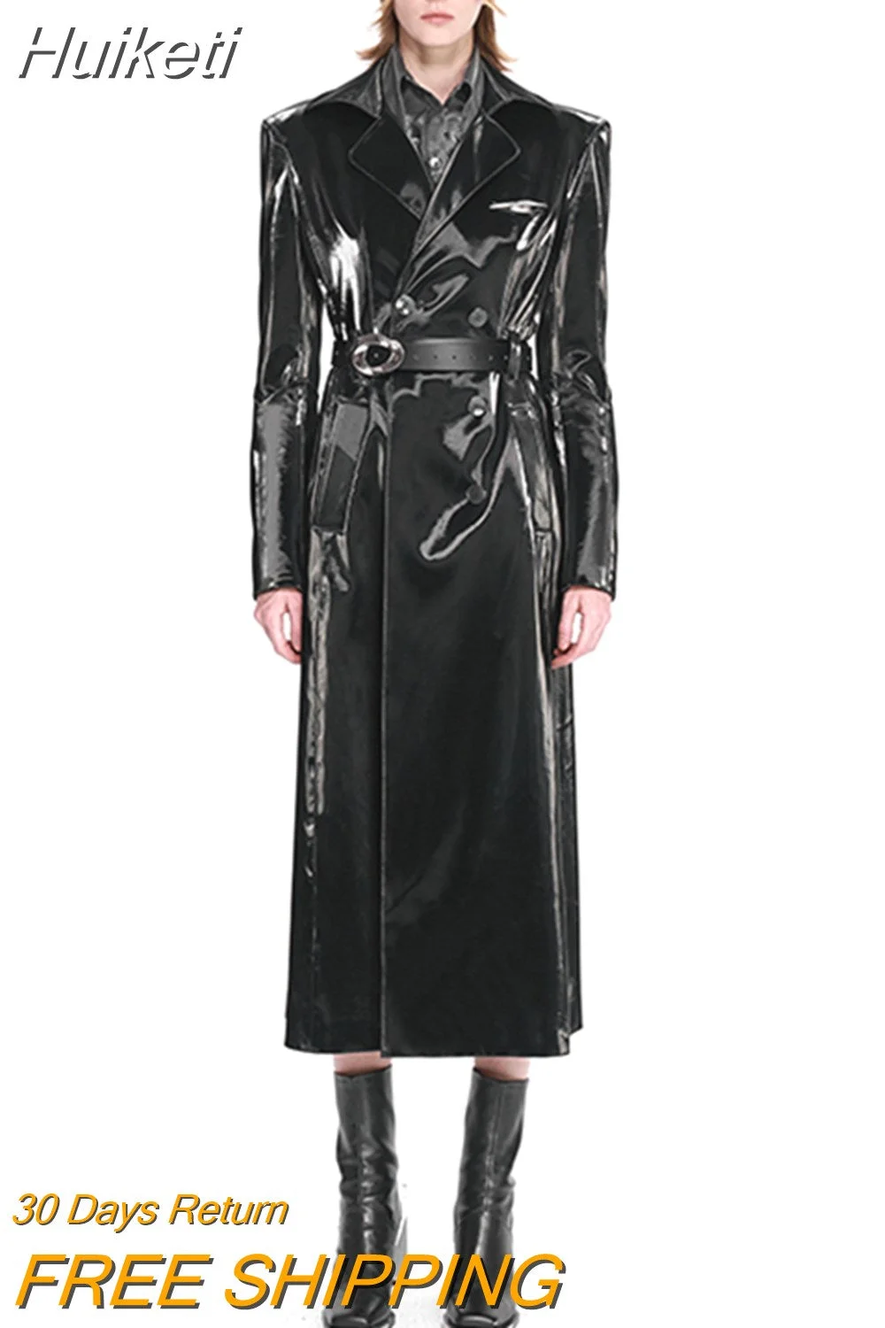 Huiketi Autumn Long Black Waterproof Reflective Patent Leather Trench Coat for Women Belt Double Breasted European Fashion 2023