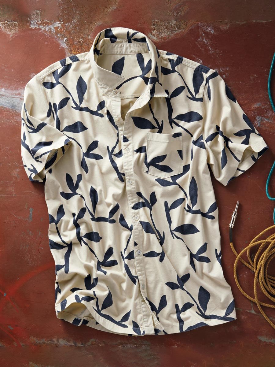 Men 'S Leaves Printing Paste Bags Short-Sleeved Cotton And Linen Shirt