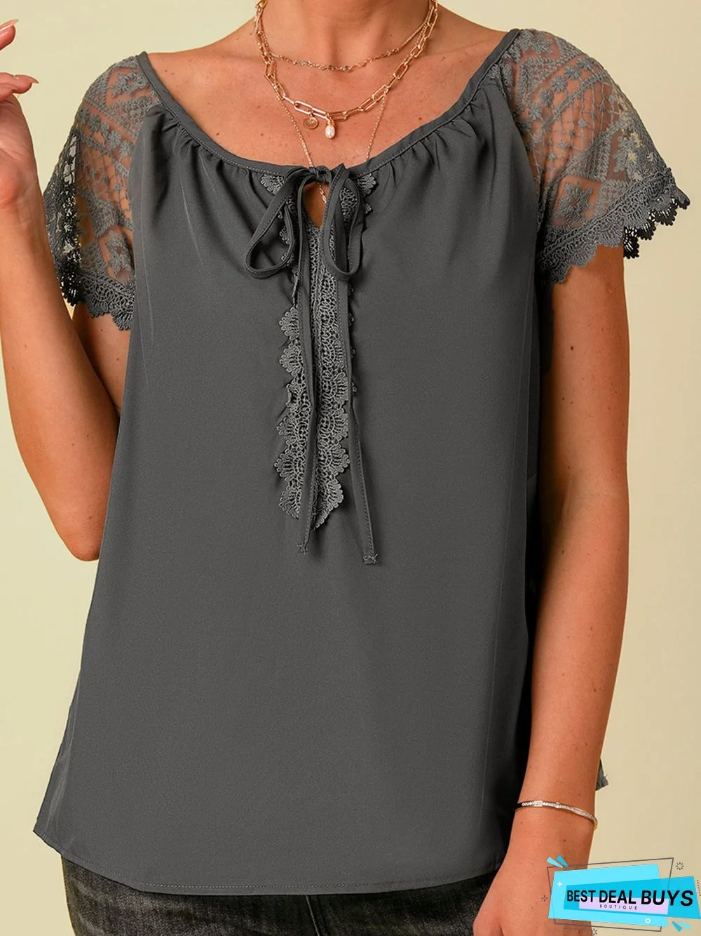 Short Sleeve  Lace Polyester  V neck  Casual Summer Black Top Women