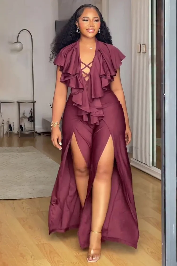 Lace-Up V Neck Ruffle Cutout Party High Slit Jumpsuit-Burgundy [Pre Order]
