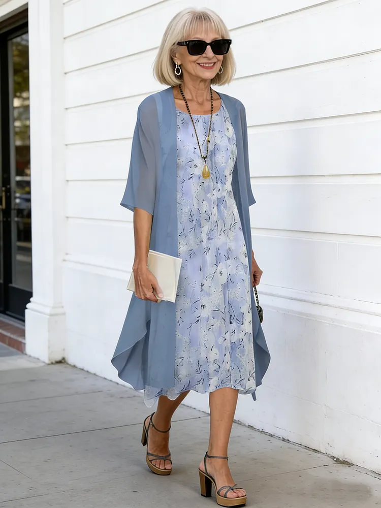 2Pcs Casual Printed Chiffon Dress Two-piece Set