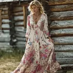 Bohemian Style Floral Butterfly Pattern Women's V-neck Dress - Image 2