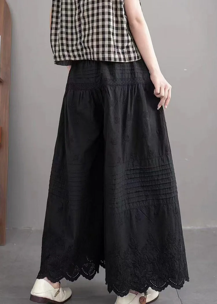 Art Black Embroidered Cotton Wide Leg Pants Summer