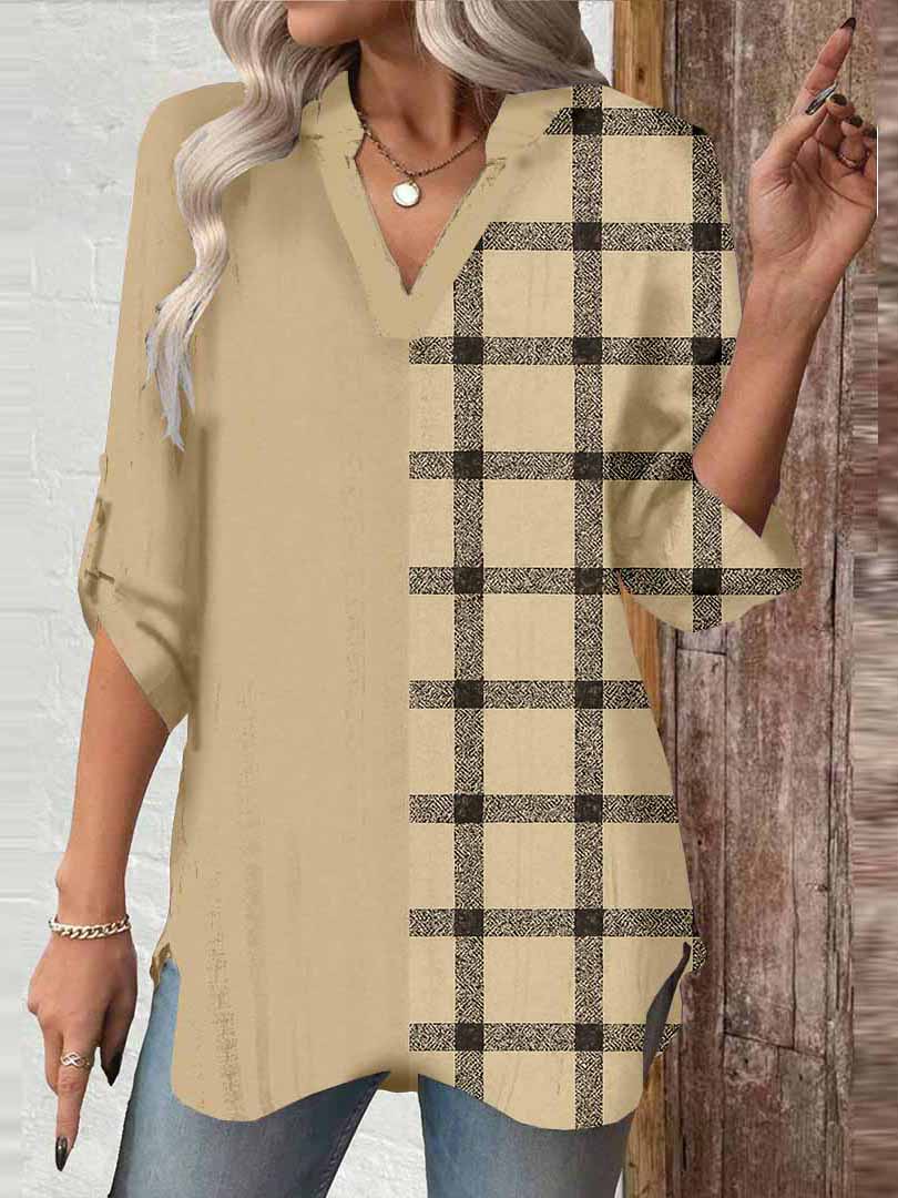 Women Khaki, Plaid DZGA0056 3/4 Sleeve V-neck Printed Graphic Button Tops