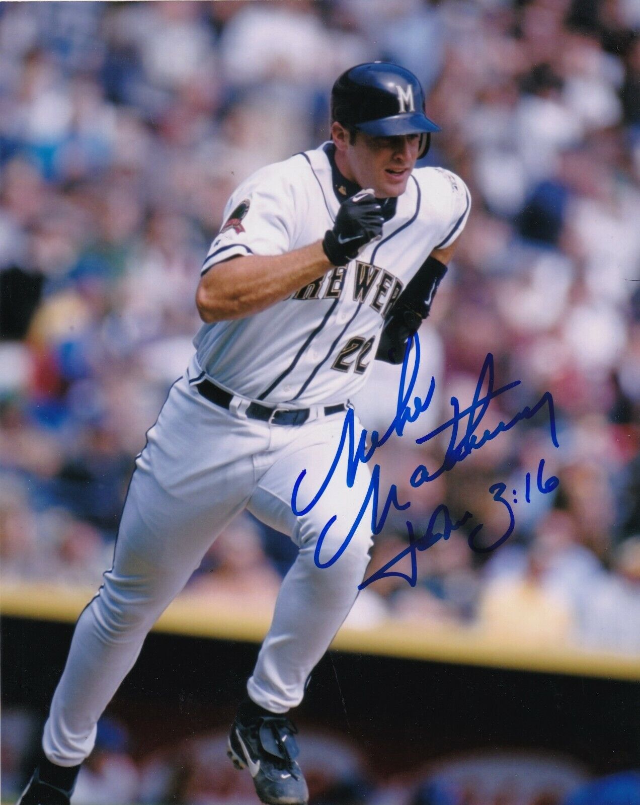 MIKE MATHENY MILWAUKEE BREWERS ACTION SIGNED 8x10