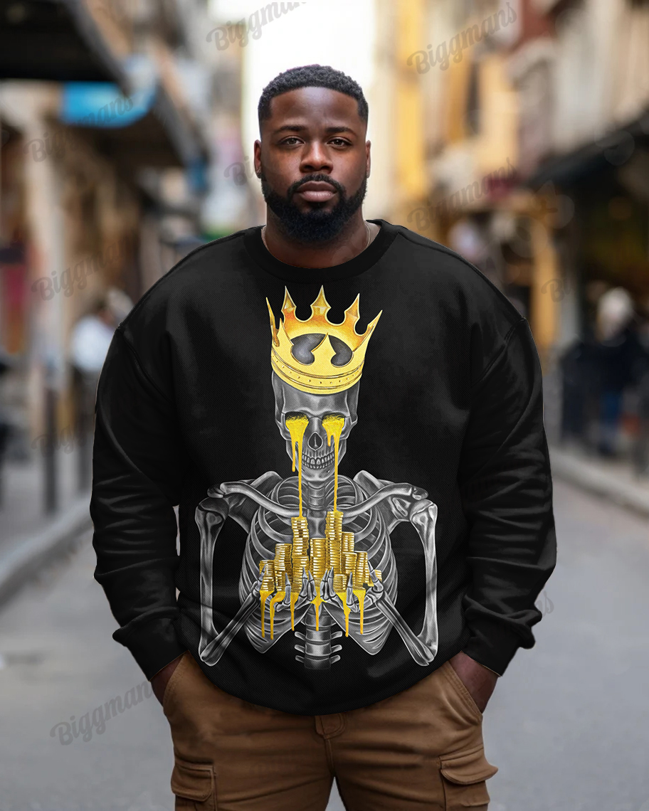Men's Plus Size Street Fashion Greedcanvas Skull Print Casual Long Sleeve Sweatshirt
