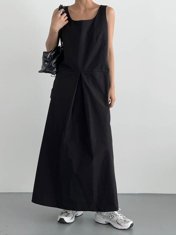 Loose Square Collar Sleeveless Large Pocket Work Style Dress