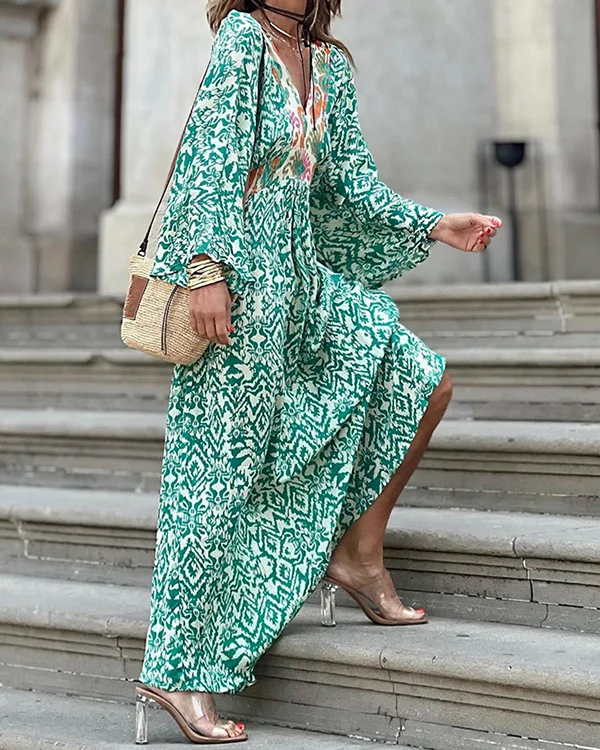 Women's Bohemia Print V-neck Long Sleeve Casual Dress