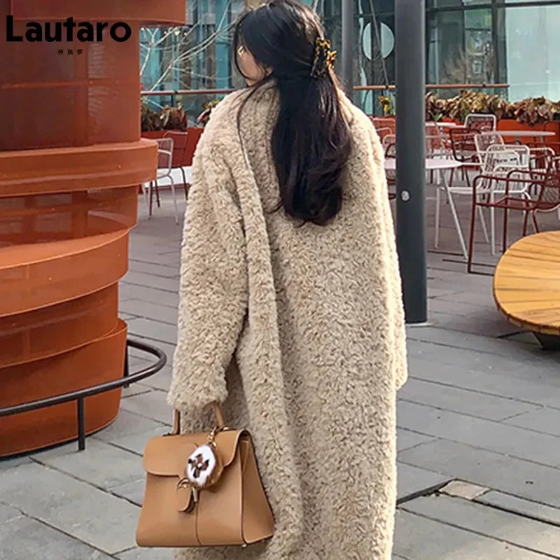 Huiketi Winter Long Oversized Shaggy Fuzzy Warm Thick Fluffy Faux Fur Coat Women Sashes Lapel Stylish Luxury Korean Fashion 2023