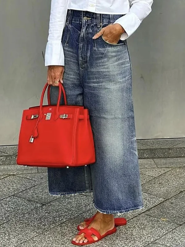 Loose Wide Leg Buttoned Fringed Pockets Jean Pants Bottoms