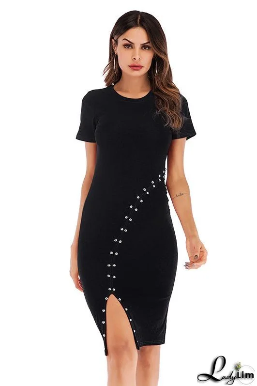 Black Slit Beaded Slim Fit Dress