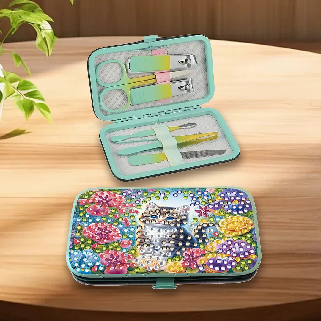 Cat Flower Diamond Painting Nail Art Bag Set Includes 7 Professional Tools