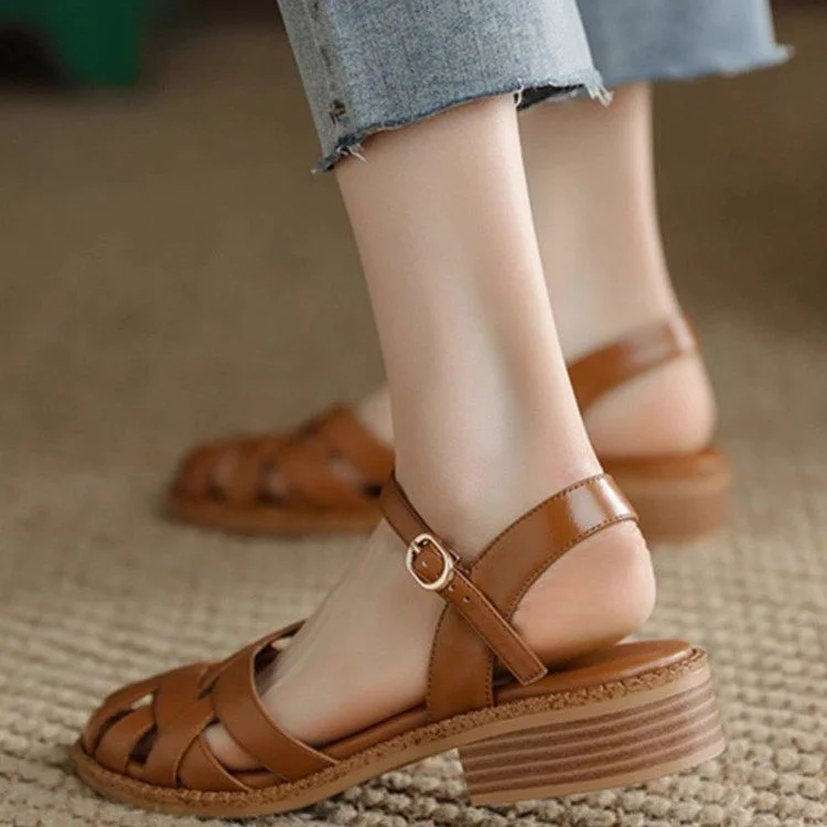 Yyvonne Wind Sandal Shoes Women 2025 New Summer Niche Buns Woven Hollow Coarse Heel Buckle Roman Shoes