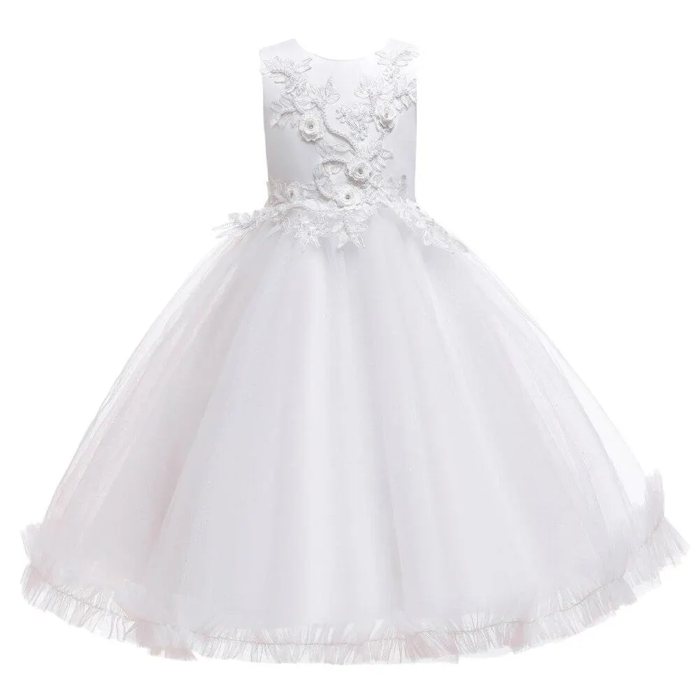 Pink Knee-Length Tulle Flower Girl Dress For Kids Round Neck Embroidered Child Party Dress For Girl 3-12 Years Old Sleeveless