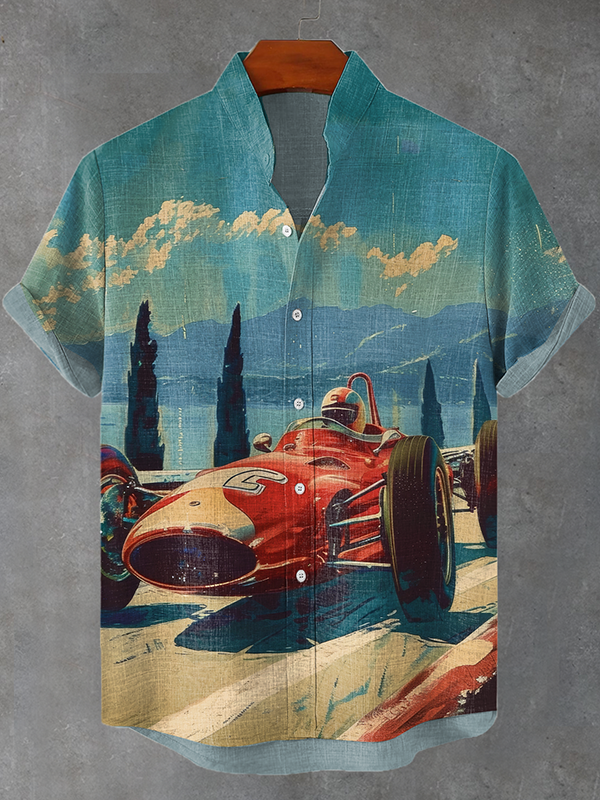 Men's Coast Mountain Landscape Red Racing Car Art Print Casual Shirt