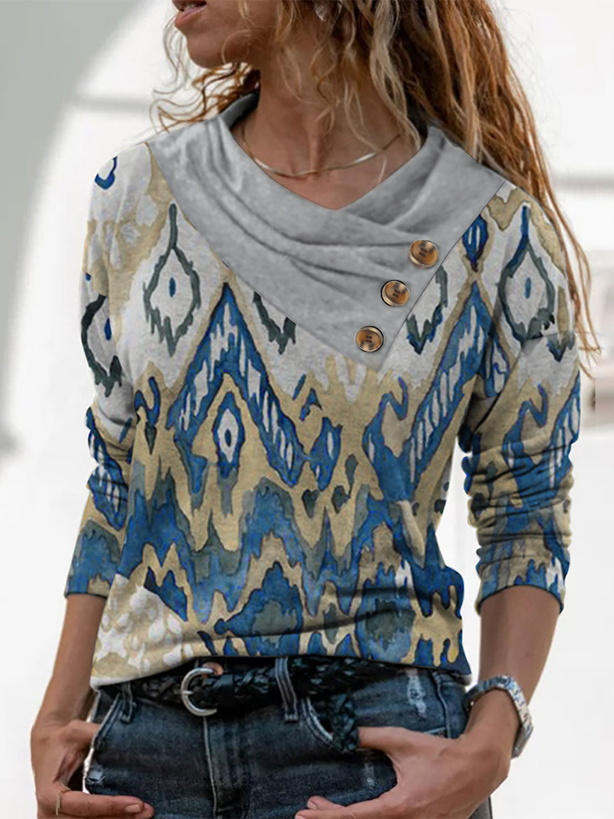 Women Long Sleeve V-neck Graphic Floral Printed Top