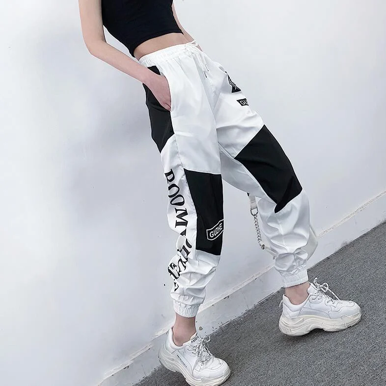 High Waist Letter Spliced Cargo Pants Women Loose Harajuku BF Ankle-Length Overalls Pants Plus Size Hip Hop Women's sports pant