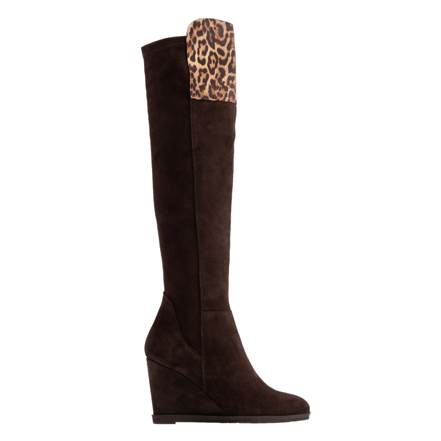 TAAFO Leopard High Wedges Women Knee-High Boots Round Toe Zipper Long Booties Suede Ladies Party Shoes