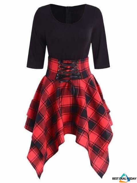 lace up plaid asymmetrical dress Plaid Elegant Evening Party Lace-Up Corset Dress Long Sleeve Autumn Wo   FashionLoveHunter