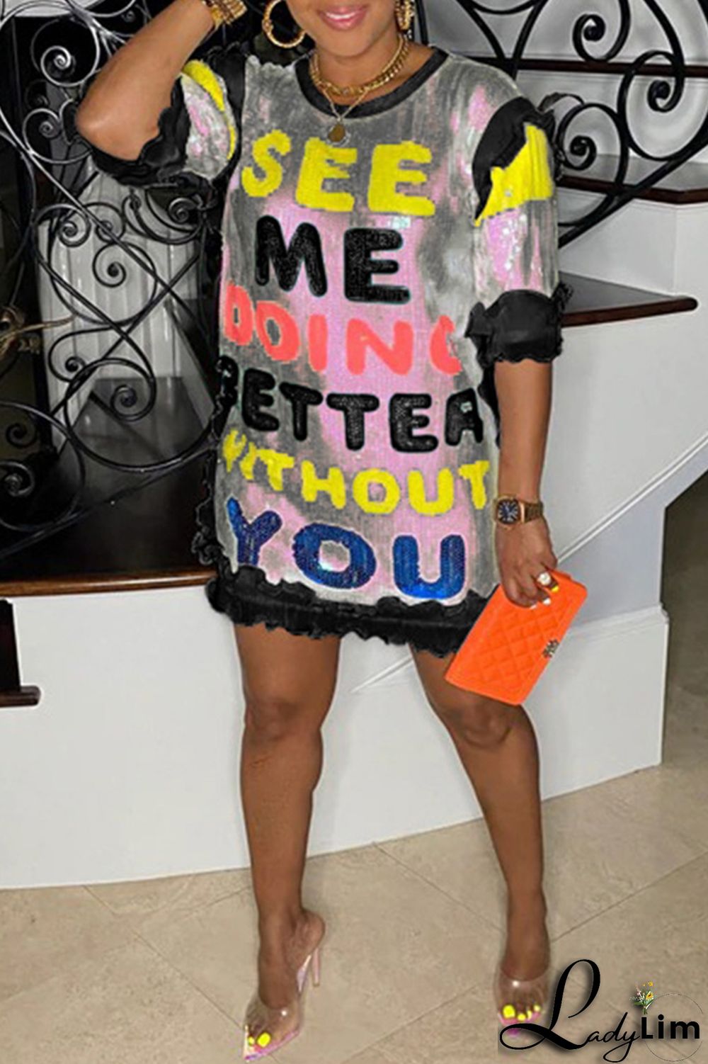 Black Fashion Casual Letter Print Sequins Patchwork O Neck Dresses