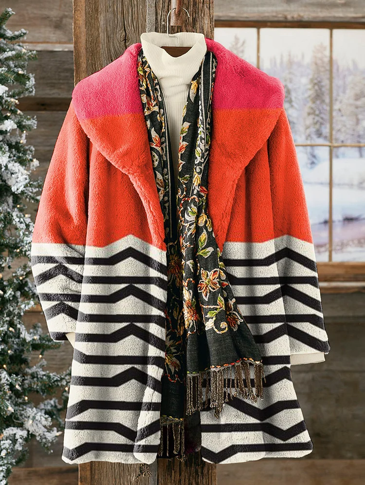 Women's Abstract Art Print Comfortable Plush Coat