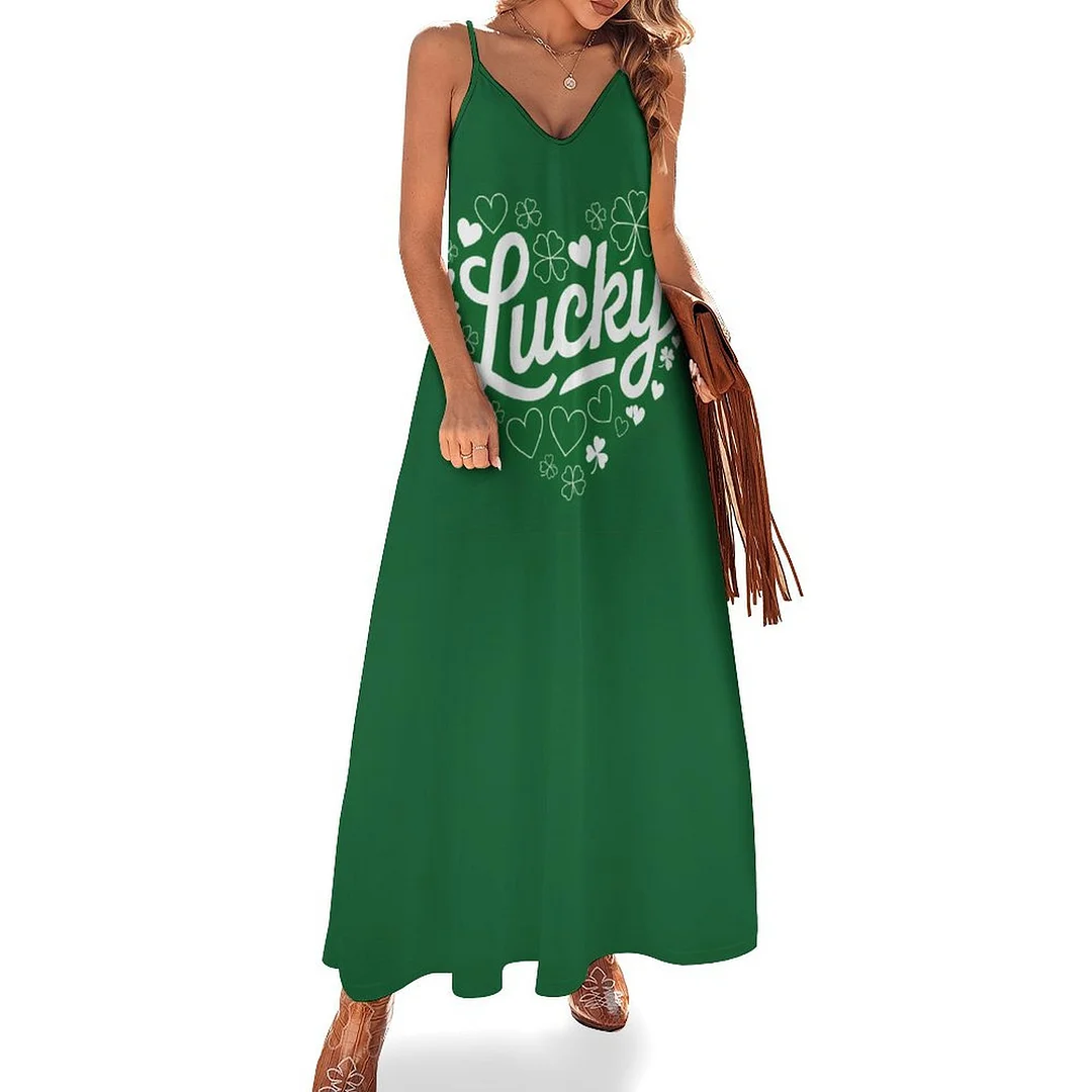 Style & Comfort for Mature Women Plus Size Printed Sling Casual Women Maxi Dress in Pattern St. Patrick's Day, Green, Clover, Lucky
