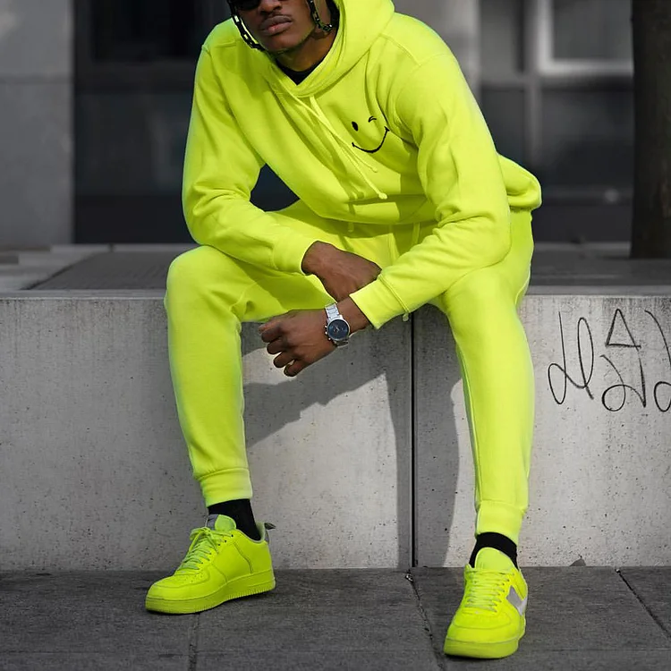 Broswear Stylish Fluorescent Green Smiley Face Print Tracksuit Co-Ord