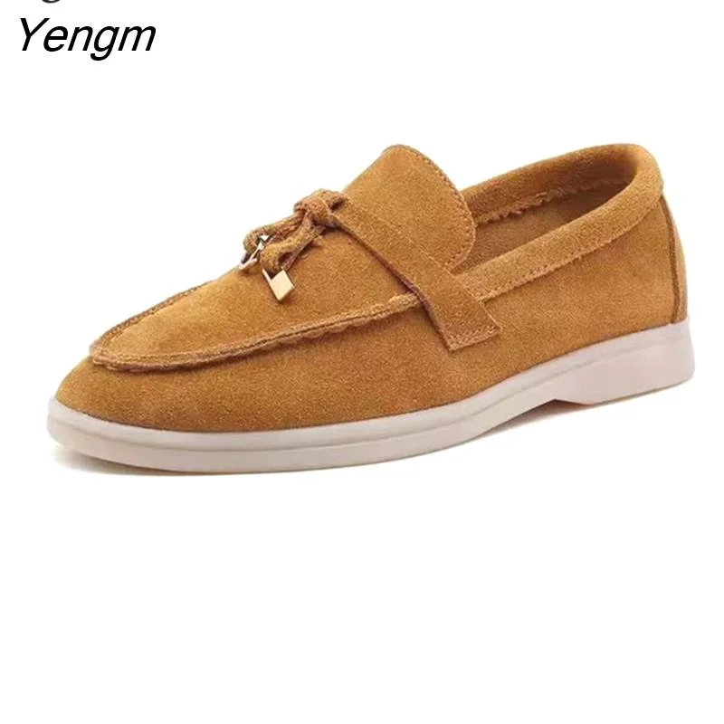 Yengm Walk Shoes Women Loafers Suede Causal Moccasin Genuine Leather Metal Lock Beanie Shoes Comfortable Soft Sole Flat Shoes