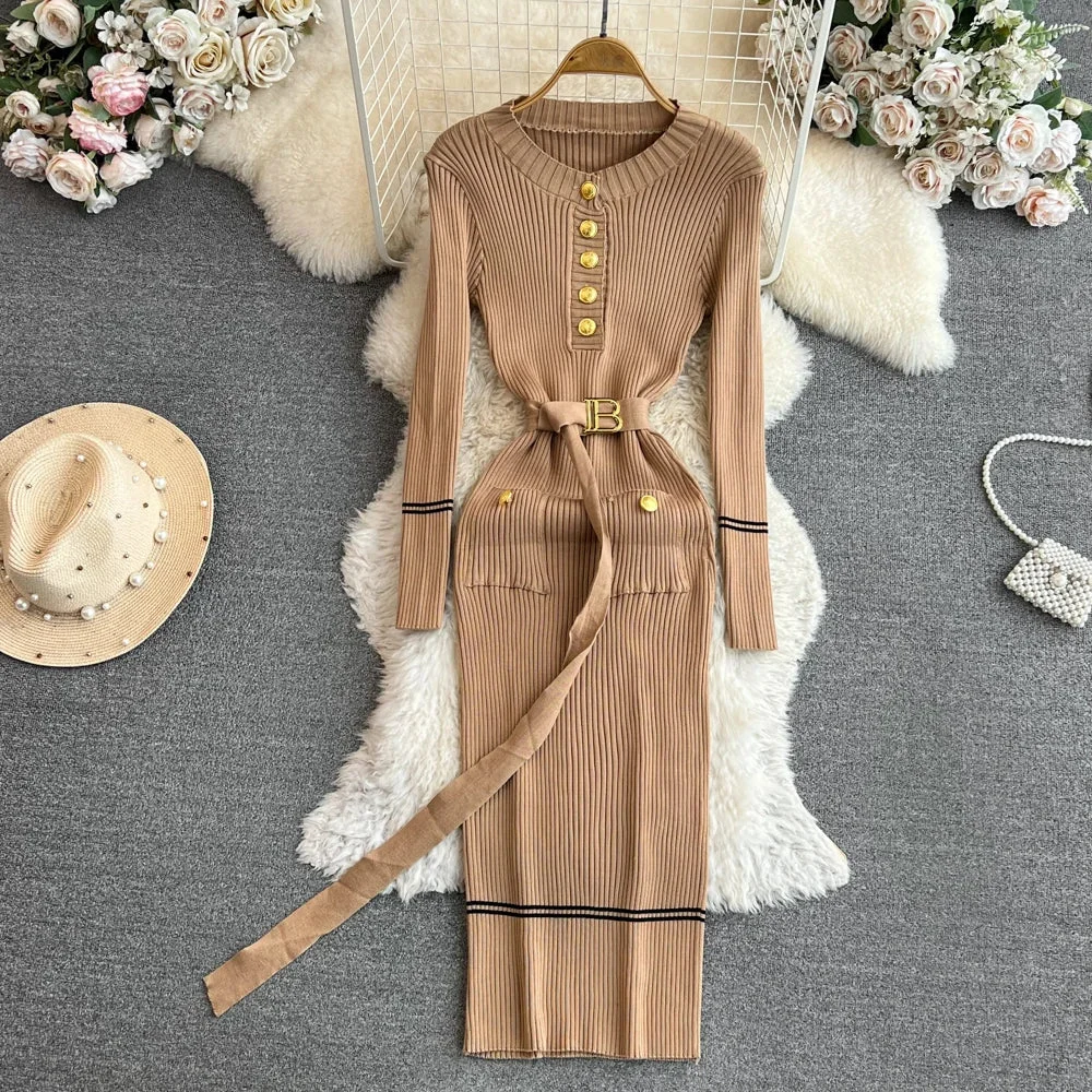 Huiketi Sweater Dress Autumn Winter New Women's Korean Style Slim Elastic Waist Belt Round Neck Casual Pullover Short Dresses