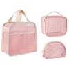 3Pcs Makeup Bag PVC Travel Storage Bag Large Capacity Zipper Mesh Bag (Pink)