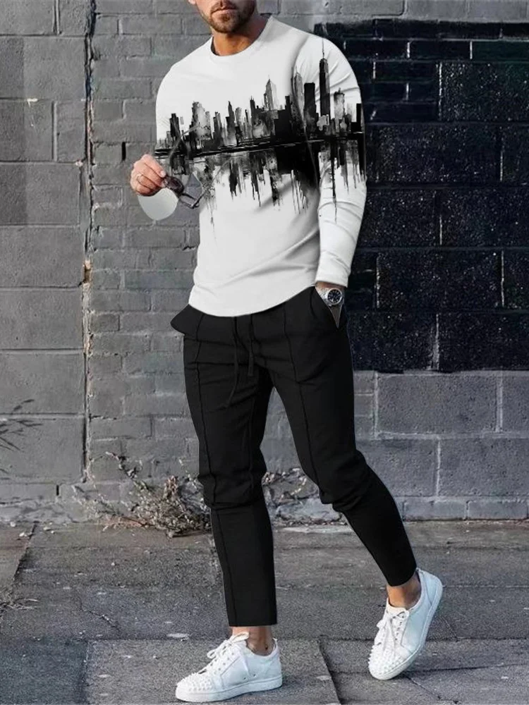 Men's fashion casual black print long sleeve two-piece set