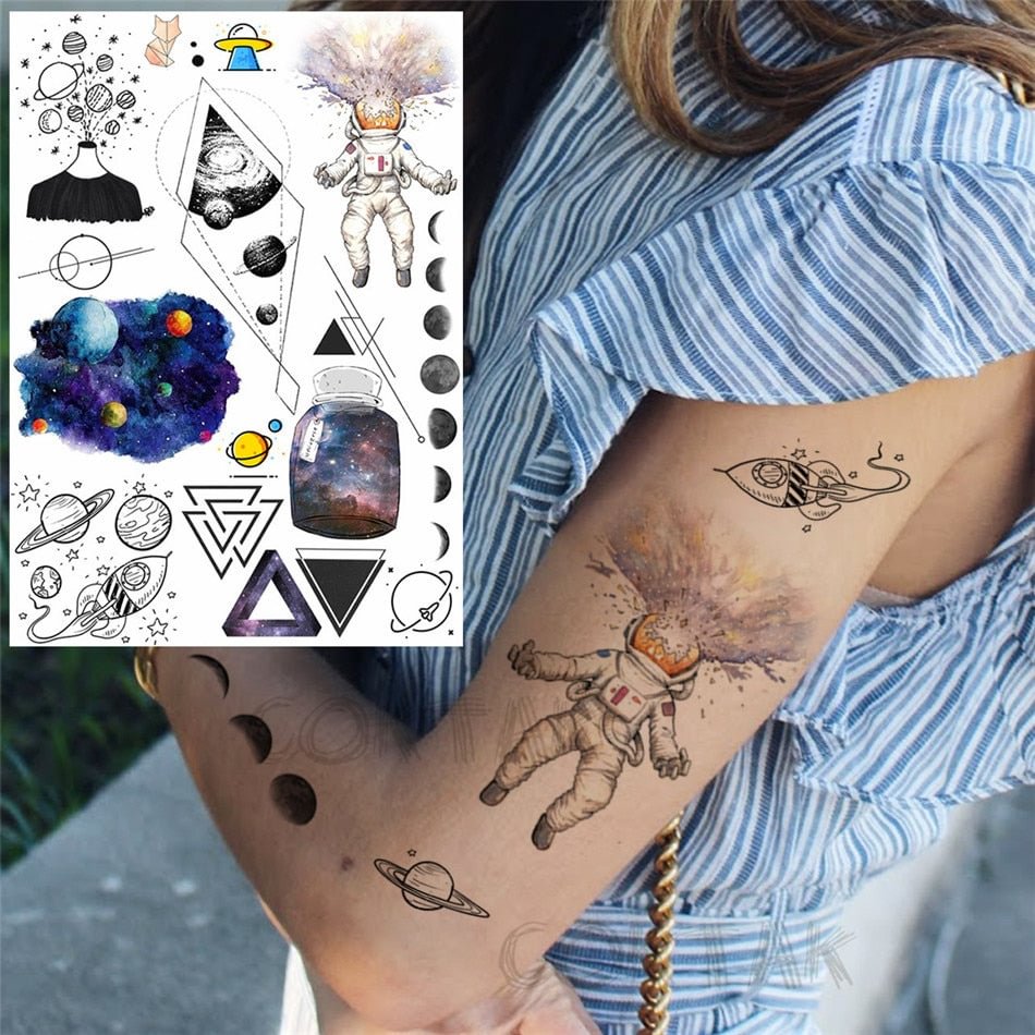 Realistic Fake Black Animal Temporary Tattoos Sticker For Men Women Geometric Wolf Outer Space Tatoo Temporary Decal For Kids