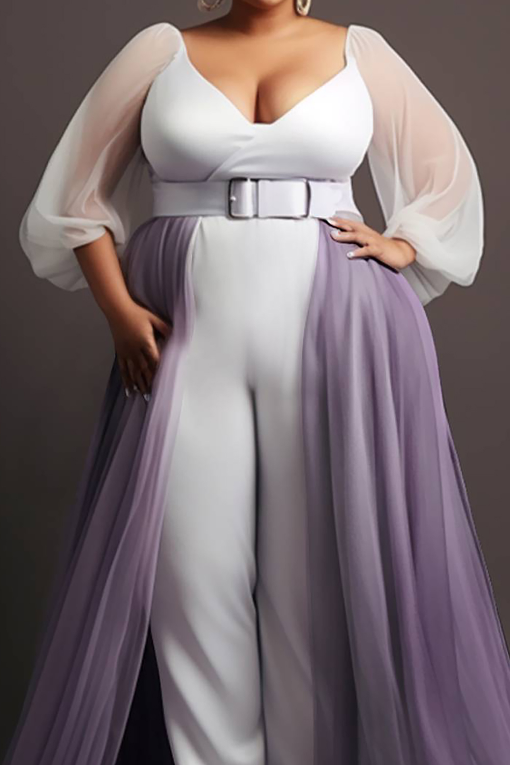 Design Plus Size Semi Formal Elegant White V Neck Lantern Sleeve 3/4 Sleeve Peplum Tulle Jumpsuits [Pre-Order]