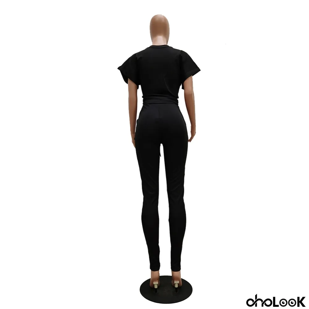 Summer Plain Knot Crop Top and High Waist Pants Set