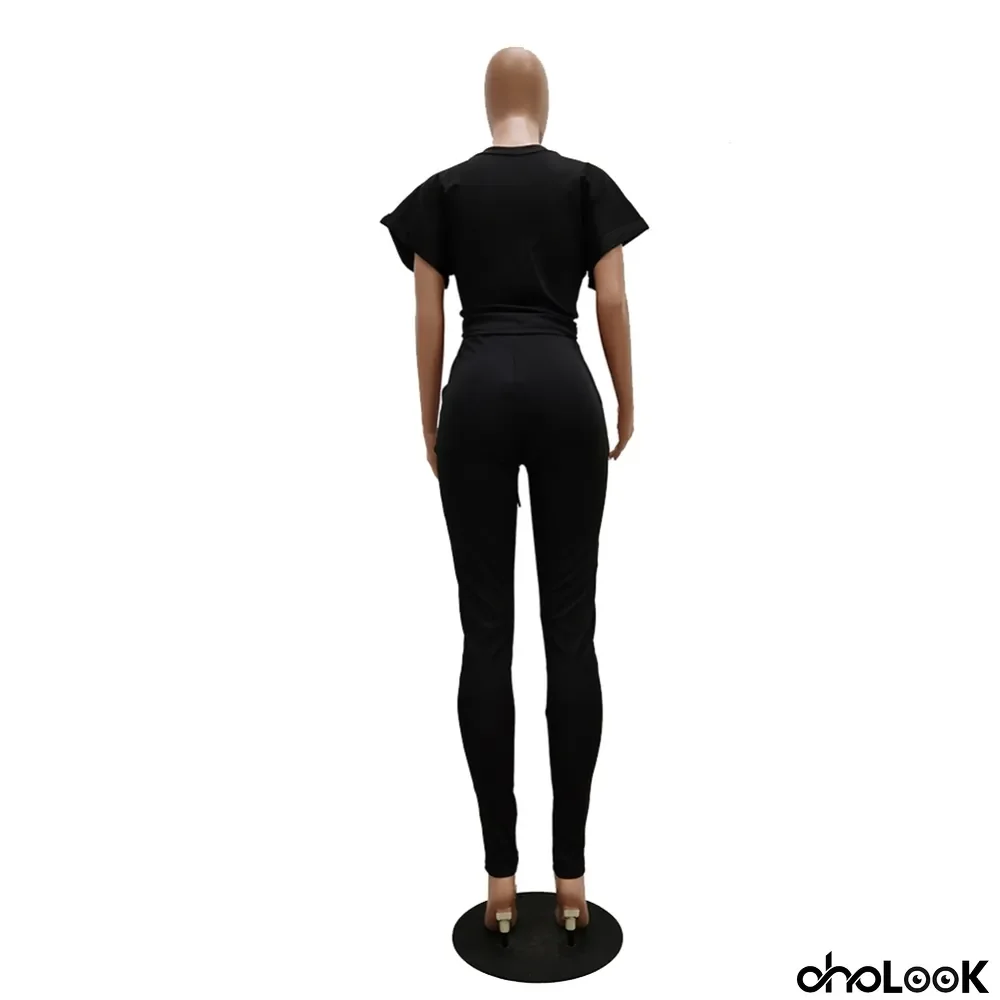 Summer Plain Knot Crop Top and High Waist Pants Set