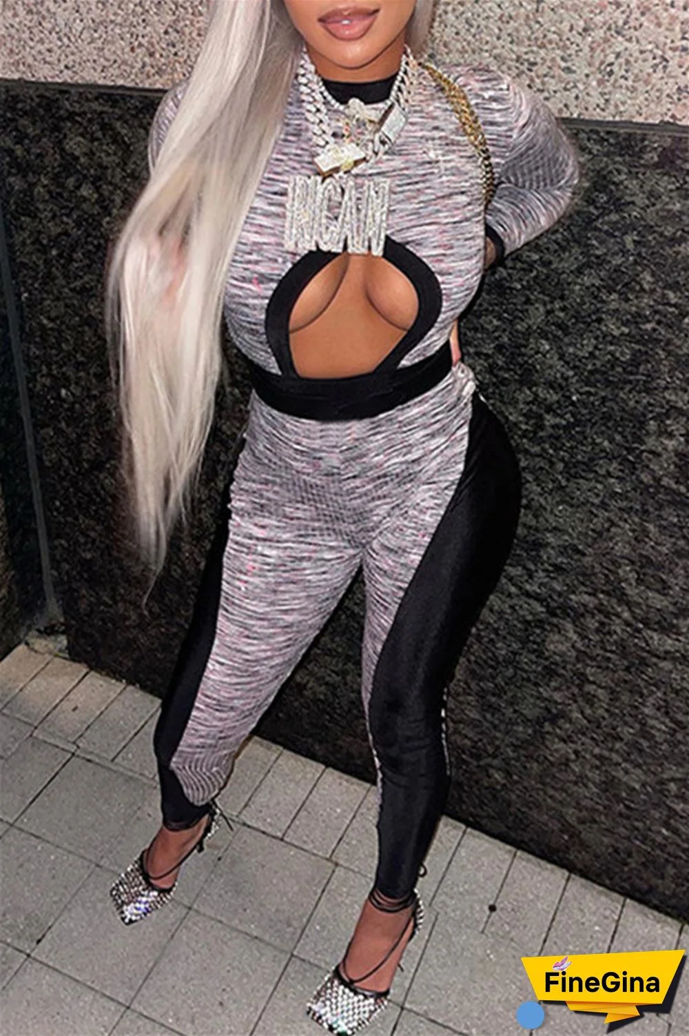 Grey Sexy Casual Patchwork Hollowed Out O Neck Long Sleeve Two Pieces