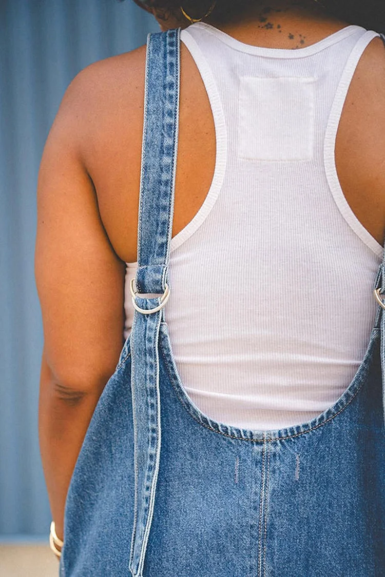 Casual Daily Gradient Print Pocket Contrast V Neck Sleeveless Straight Denim Jumpsuits Casual Daily Gradient Print Pocket Contrast V Neck Sleeveless Straight Denim Jumpsuits