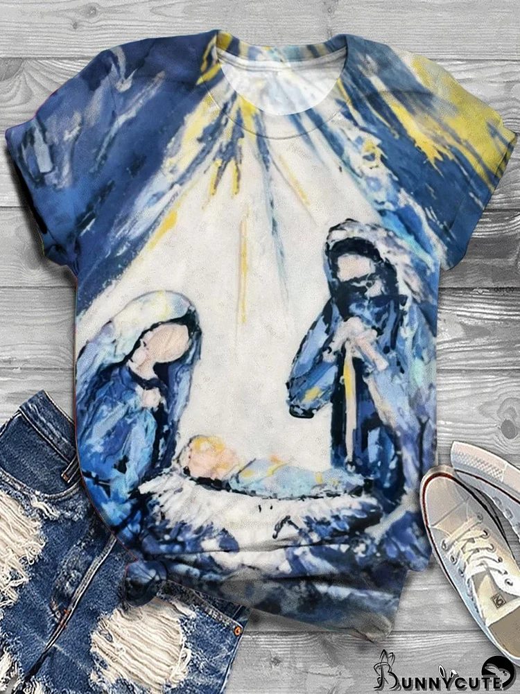 Nativity Christmas Print Crew Neck T-shirt