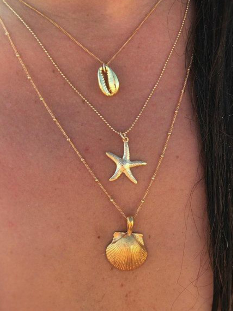 Comstylish Shell Starfish Alloy Pendant Layered Necklace